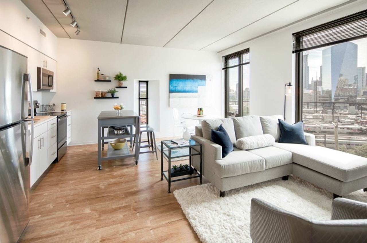 The living room in the two-bedroom apartment in Vue32.