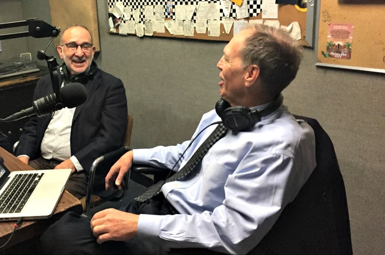 Dean Allen Sabinson, left, with Dean Frank Linnehan, right, at WKDU during their back-to-back DJ set. 