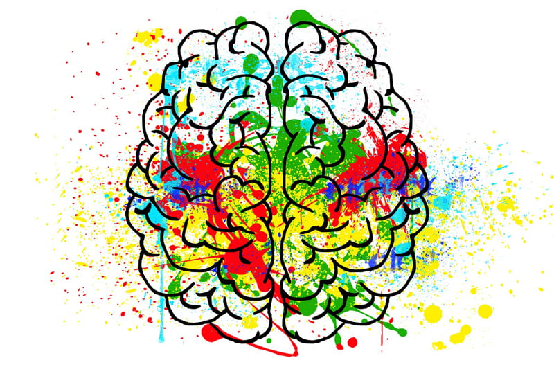A sketch of a brain with splatters of different colors of paint.