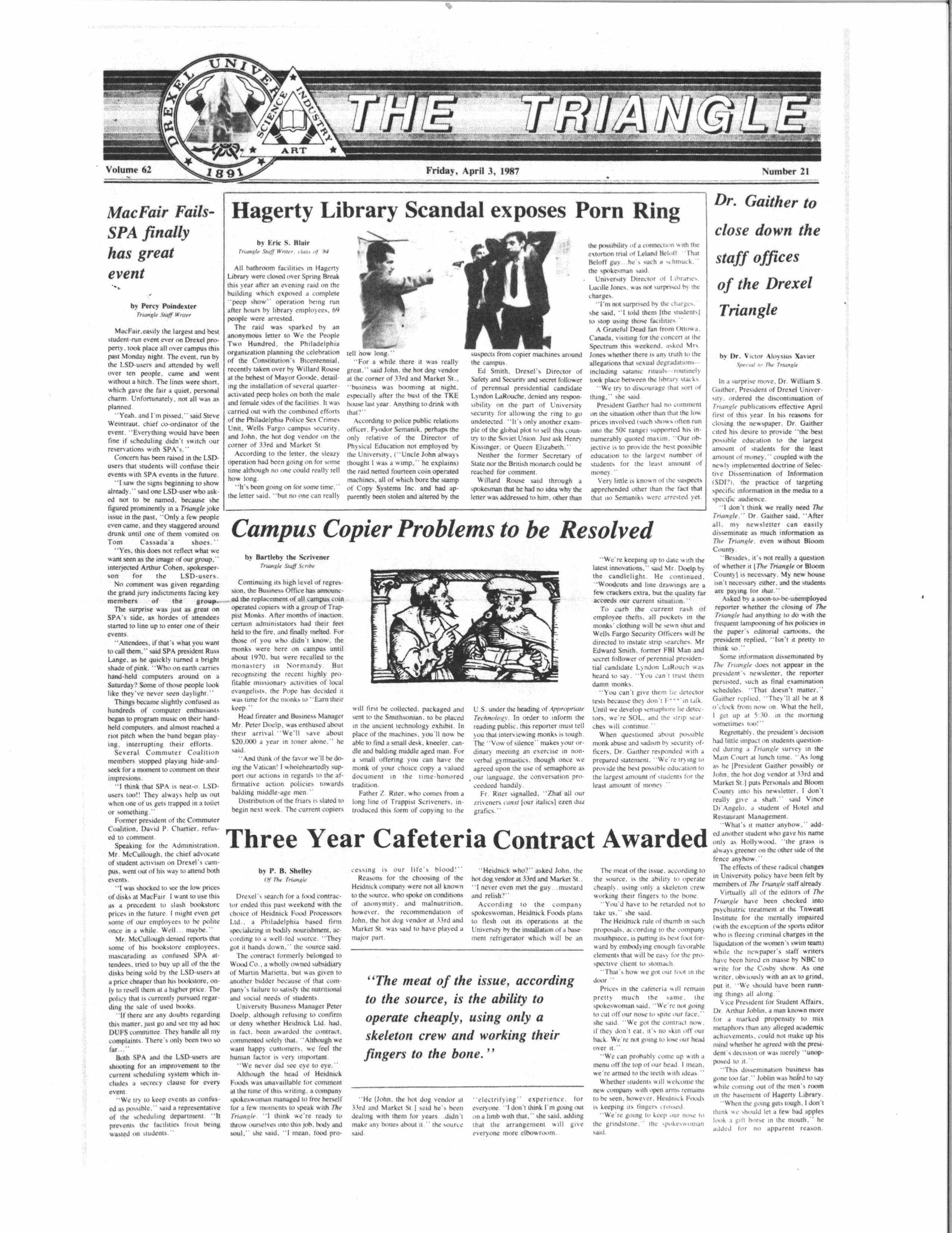 The front page of The Triangle's 1987 joke issue.