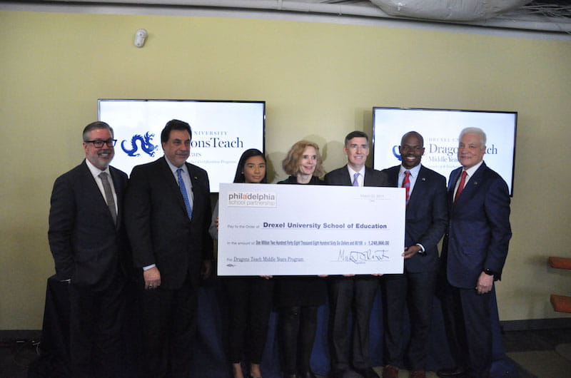 Philadelphia School Partnership presented a $1.2 million grant to Drexel University to launch a residency-based teacher certification program called Dragons Teach Middle Years (DTMY).