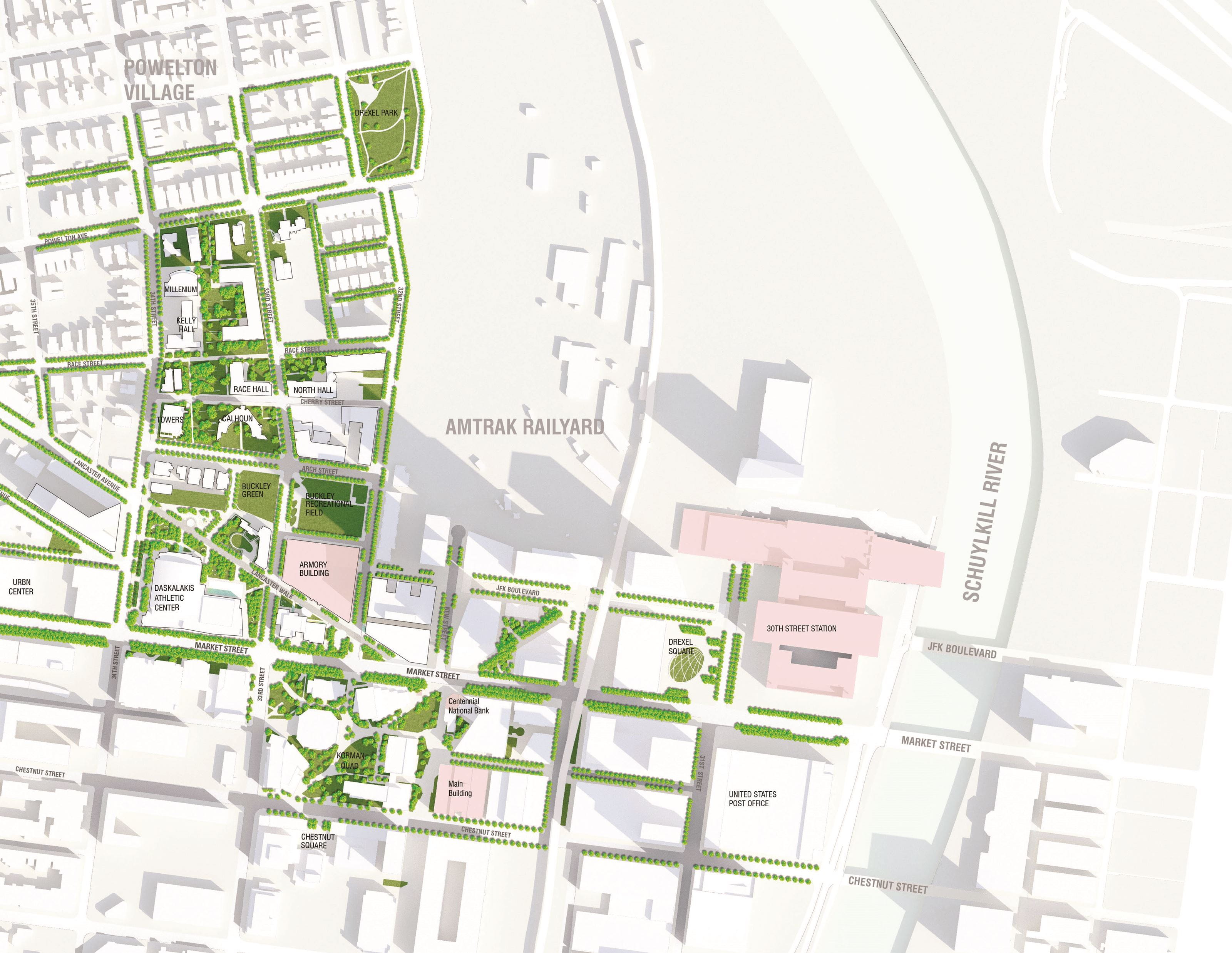 Plans for Drexel's University City Campus call for a dramatic increase in green spaces and landscape architecture to beautify the campus.