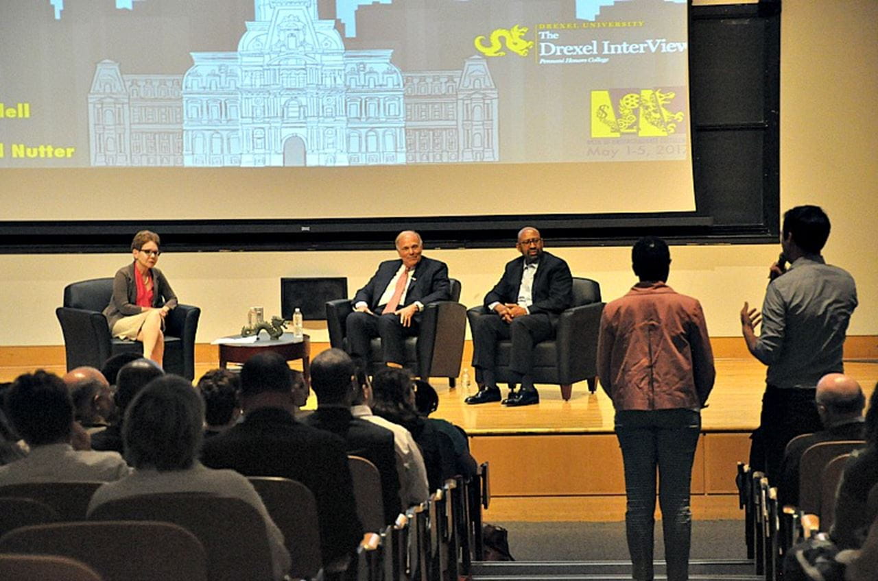 Pennoni Honors College Dean Paula Marantz Cohen, PhD; former Governor Ed Rendell and former Mayor Michael Nutter look on during the audience Q&A portion of the event.