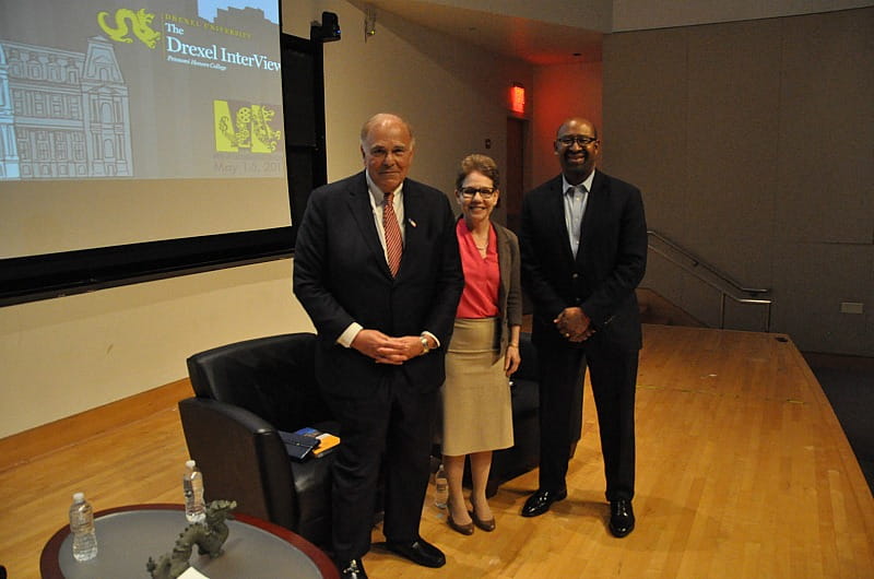 From left to right: former Governor Ed Rendell, Pennoni Honors College Dean Paula Marantz Cohen, PhD, and former Mayor Michael Nutter.