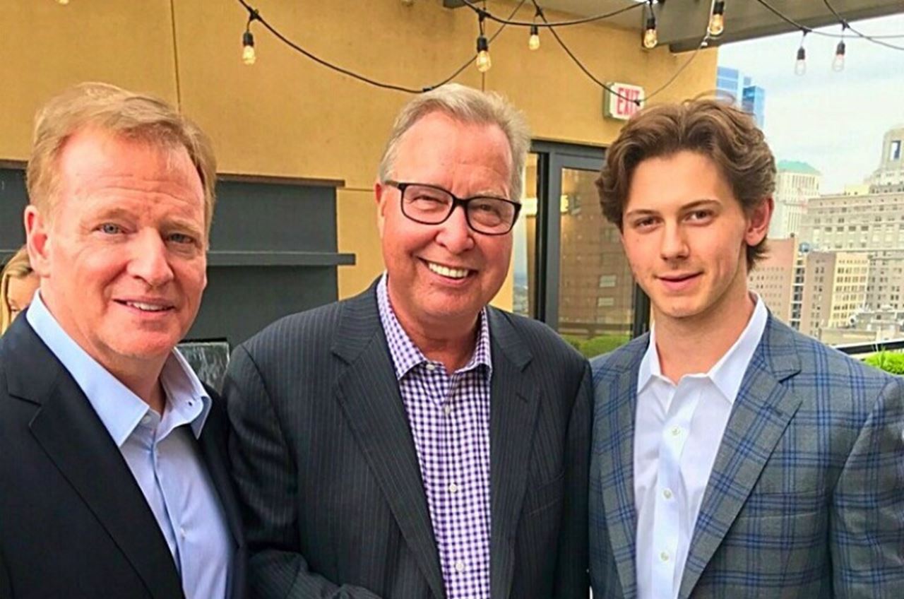 Drexel student Alex Norcross, right, alongside NFL Commissioner Roger Goodell, left, and former Philadelphia Eagles quarterback Ron Jaworski.