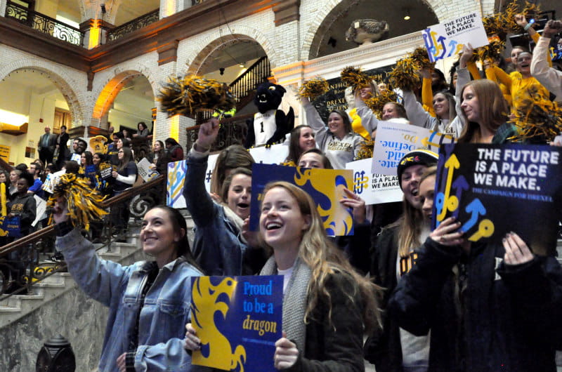 Drexel students celebrating the launch of the University's new fundraising campaign