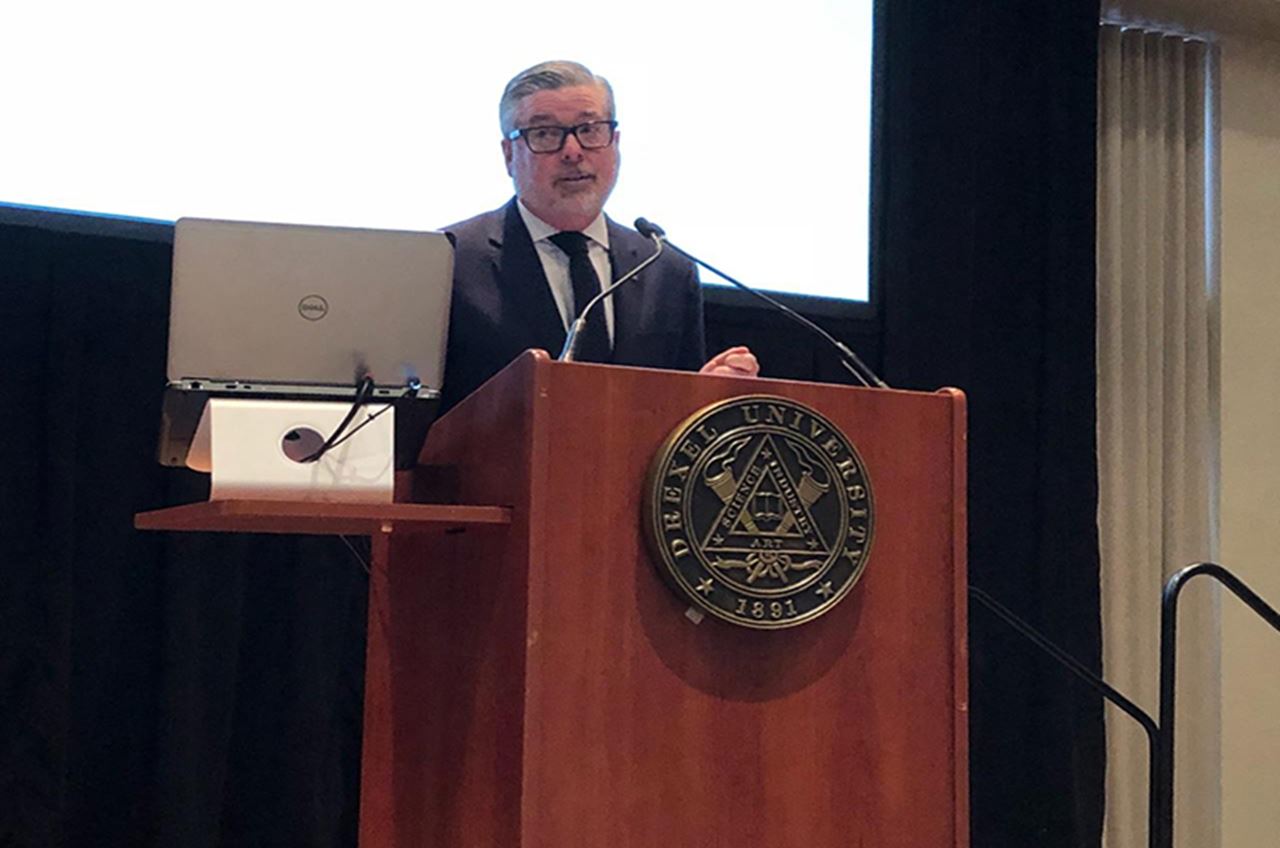 Drexel President John Fry speaking at the town hall Nov. 16.