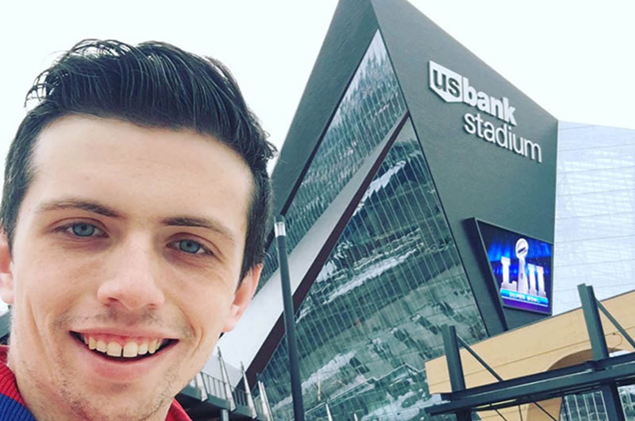 Joseph Roche, an entertainment and arts management student who helped set up and take down the stage in Justin Timberlake's halftime show. 