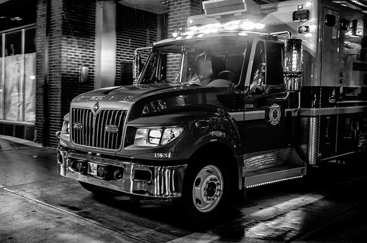 An ambulance outside of its bay