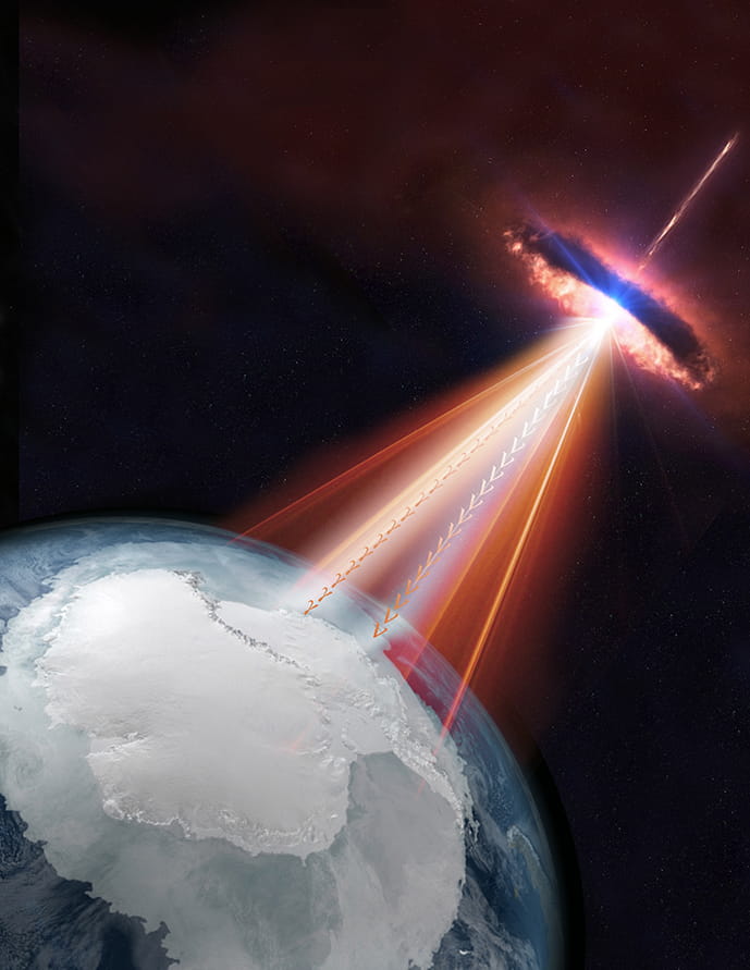 A rendering of an outer space view of a blazer shooting neutrinos down onto Earth,specifically Antarctica