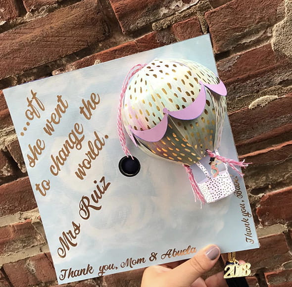 The graduation cap that took the second-place prize was decorated by Ebony Ruiz, a general studies major with a focus in education in the Goodwin College of Professional Studies.