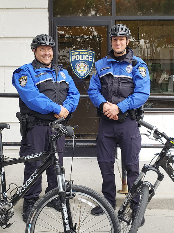 Police officers Charlie Barone (left) and Matt Richardson (right) are the inaugural members of the Drexel Police Department's Police Bike Unit.