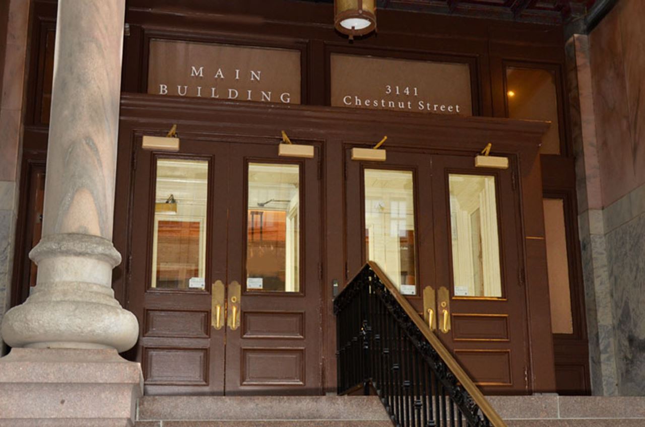 The newly painted doorway of the Chestnut Street entrance of Main Building in 2018.