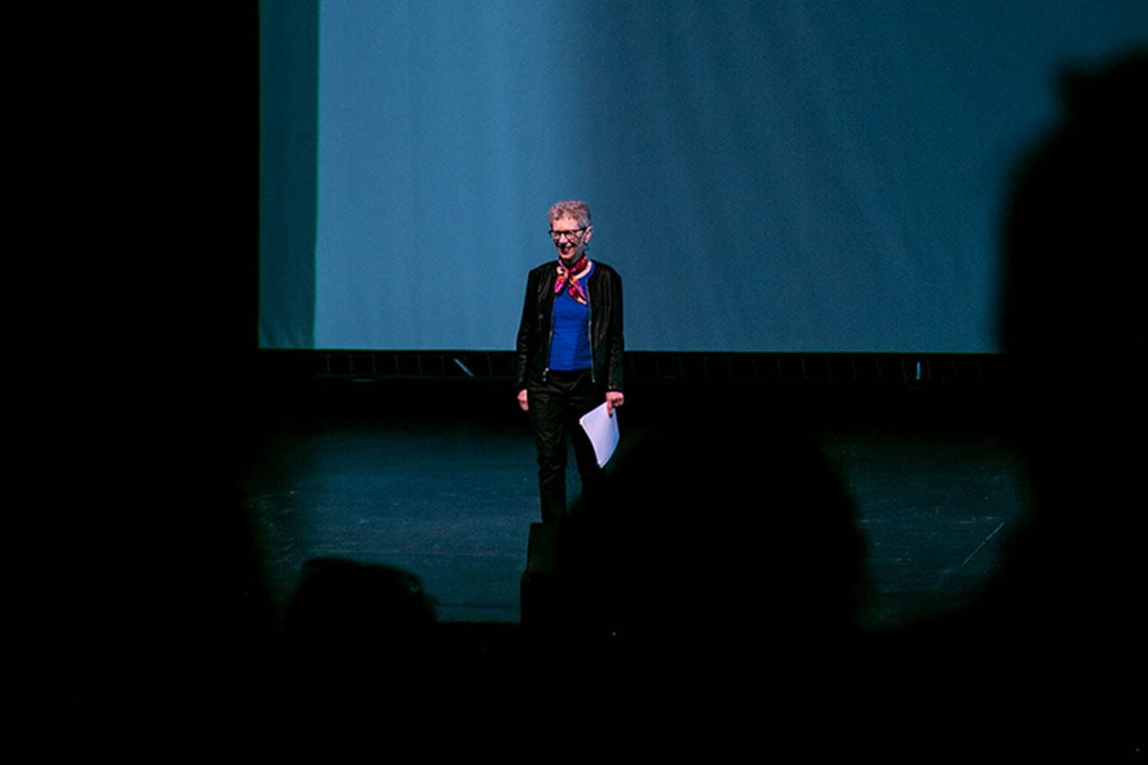 Terry Gross speaking at Drexel University to a sold-out audience in the Mandell Theater on April 10. Her talk was titled "Off Air With Fresh Air."