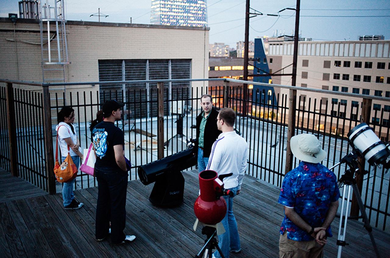 Gordon Richards, PhD, (in a black coat) at the observatory in 2009 with graduate students Alf Whitehead (in the white jacket) and Coleman Krawczyk (in blue with hat). Photo credit: Vishal Kasliwal. Photo courtesy Gordon Richards.