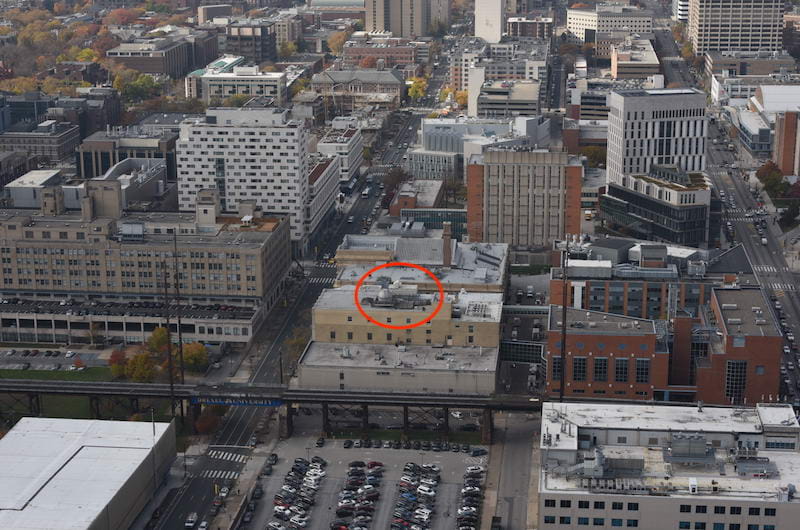 A 2014 aerial photograph of Drexel's University City Campus, with the observatory circled in red. 