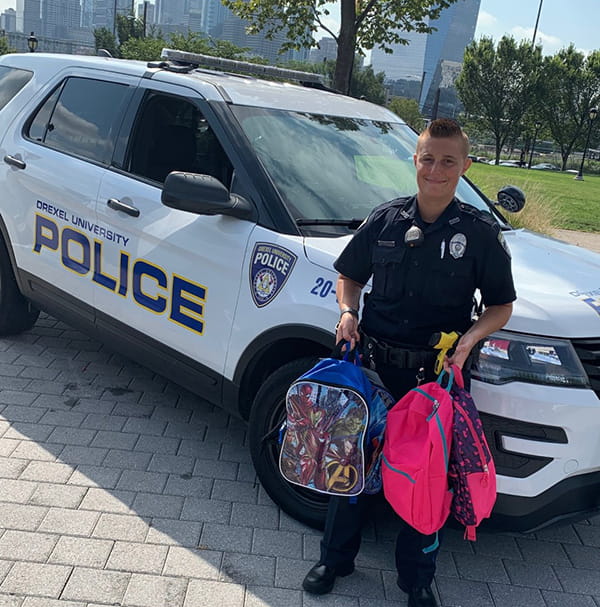 Drexel Police Officer Alexis Nagel recently donated 30 backpacks filled with school supplies to children who live in the surrounding 16th Police District. Over 200 backpacks were donated in total — a huge help for students and parents, as they get ready for the new school year.