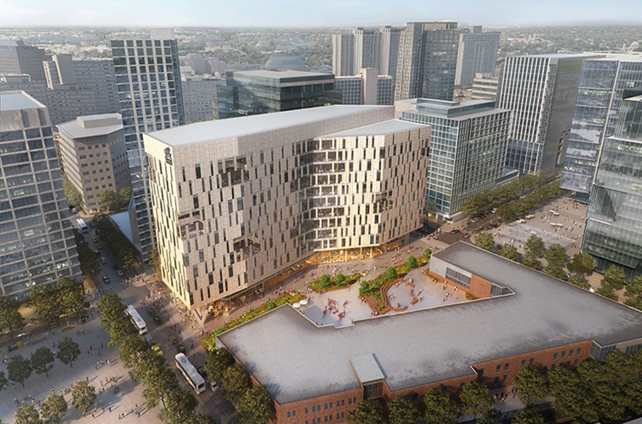 An aerial of the site looking southwest. 