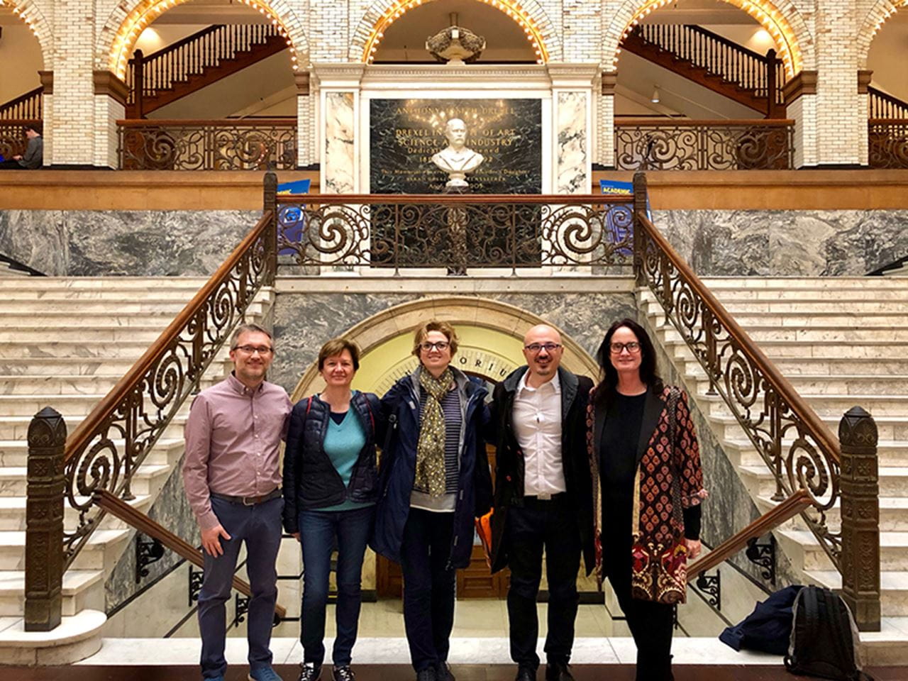 A mix of Drexel and Politecnico faculty during a trip to Drexel. From left to right: Gabriele Masera, professor and deputy dean of Politecnico’s School of Architecture Urban Planning Construction Engineering; Manuela Grecchi, Politecnico professor and vice rector for its Lecco Campus; Giuliana Iannaccone; Matteo Ruta, Politecnico associate professor and director of building engineering-architecture; and Eugenia Victoria Ellis. Photo courtesy Giuliana Iannaccone. 