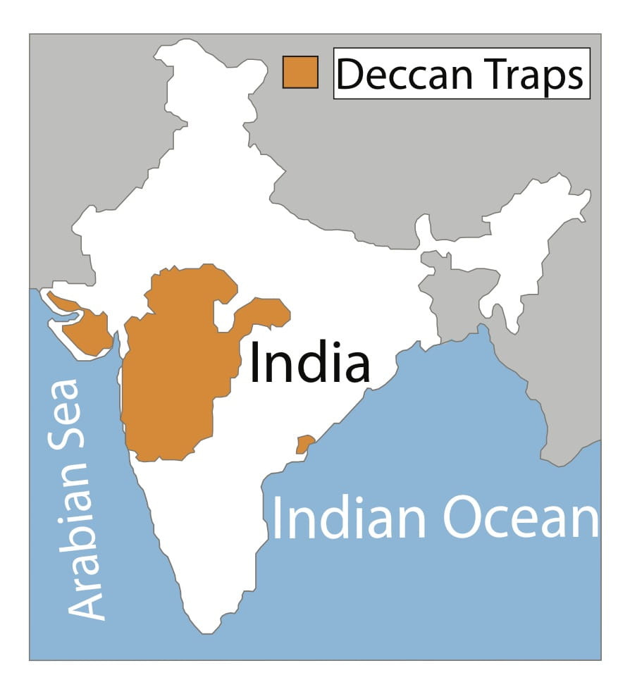 Location map outlining exposed area of the Deccan Traps in modern day India. Image credit, Courtney Sprain.