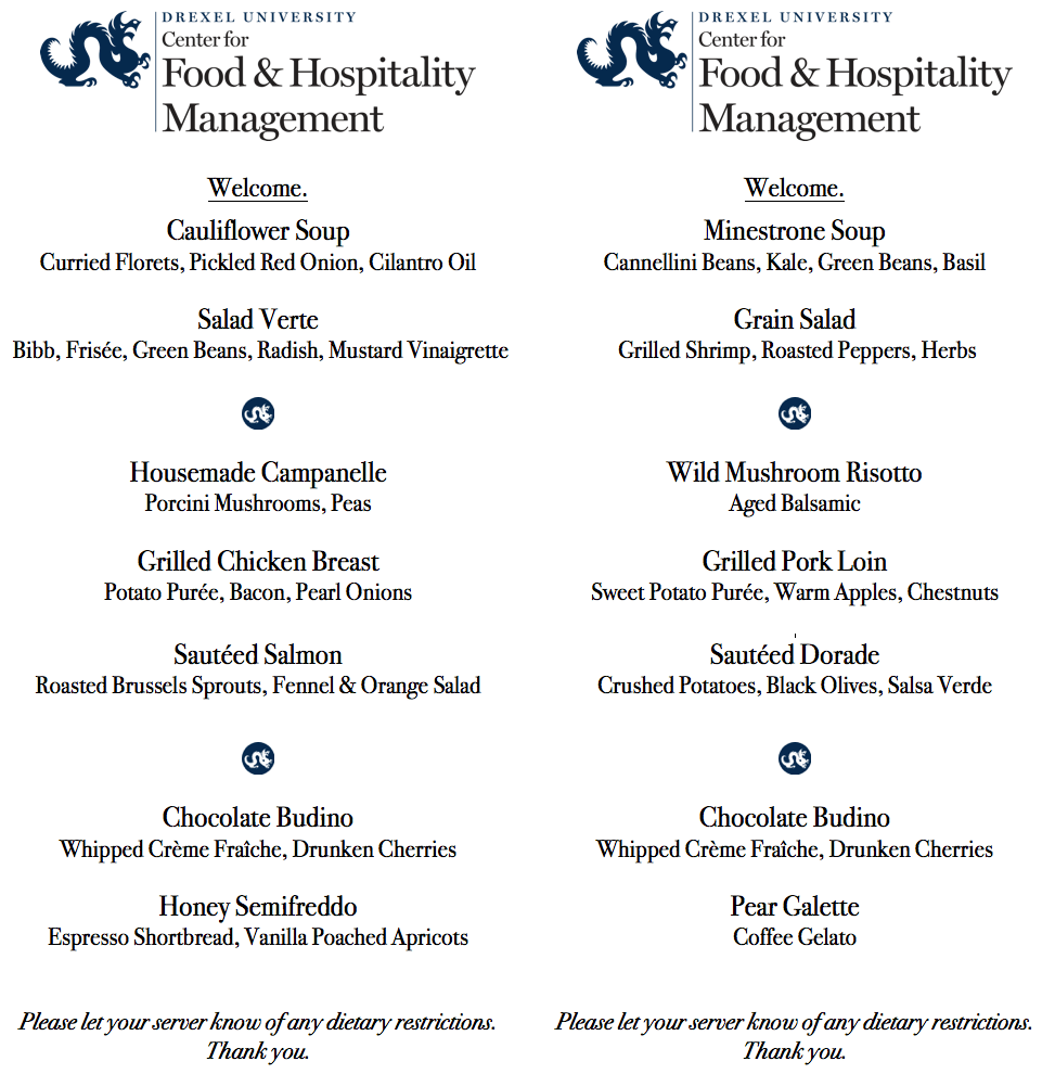 Sample menus from the Academic Bistro's lunch service. 