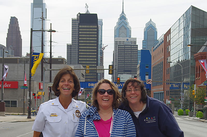 Eileen Behr (left) and visitors enjoying a closed Market Street during the 2015 papal visit.