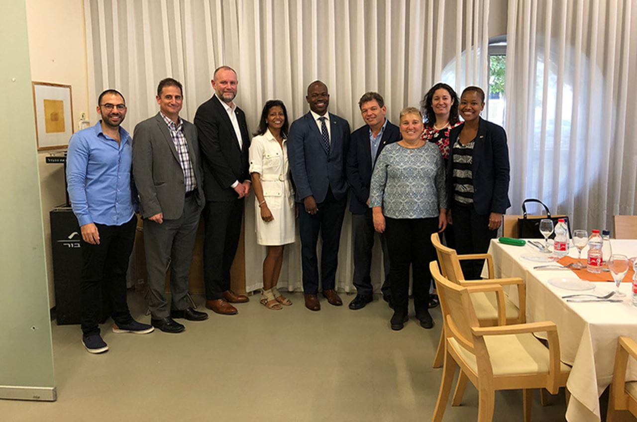 The delegation met with colleagues at Ben-Gurion University of the Negev. Left to right: Lotan Kraun, joint BGU and Drexel PhD student; Michael Yudell; Aleister Saunders; Bridget Blake; M. Brian Blake; Professor Chaim Hames, Rector; Professor Limor Aharonson-Daniel, Vice-Rector; Sharon Walker and Koren Bedeau.