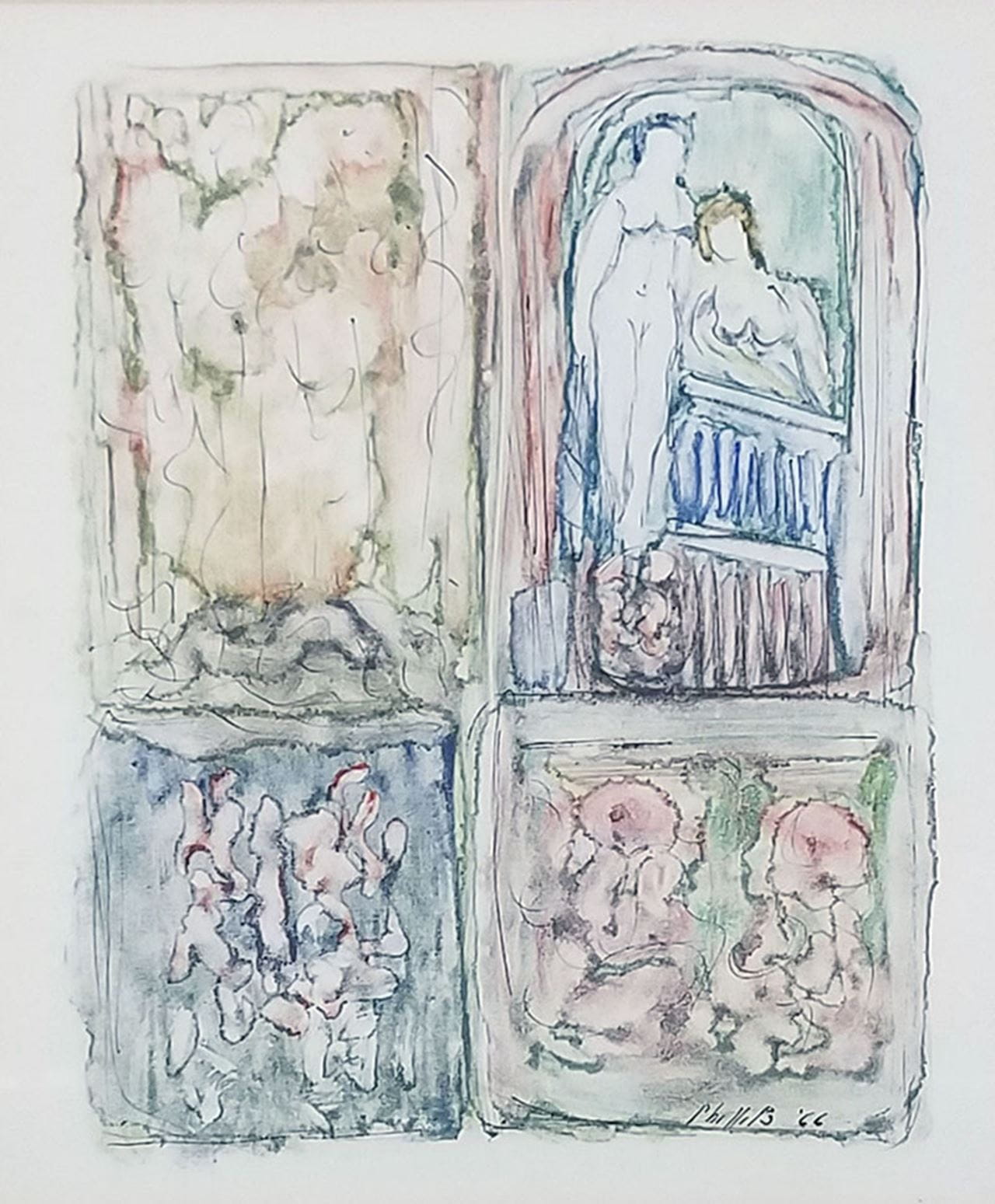 "Composition with Figures (Biblical Scenes)," by Matt Phillips, 1966, monotype with India ink. Photo courtesy The Drexel Collection.