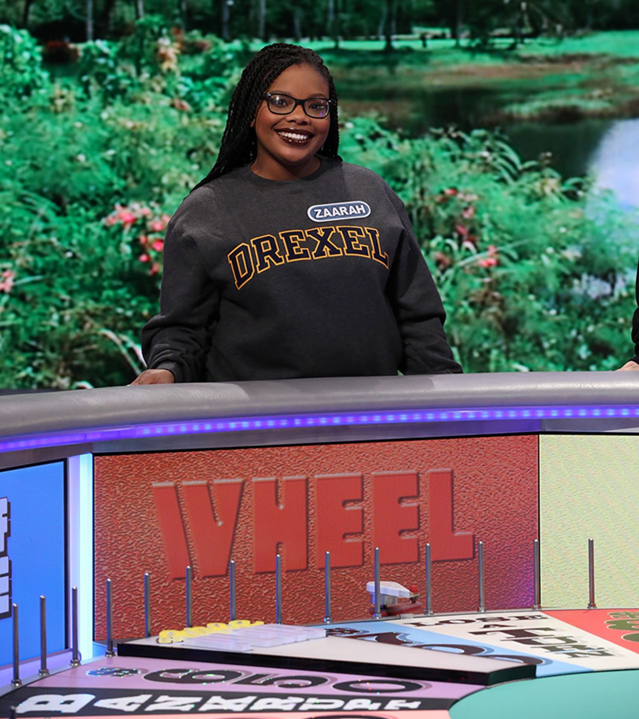 Drexel University student Zaarah Abdul-Aziz on set to compete on "Wheel of Fortune." Photo Credit: Carol Kaelson.