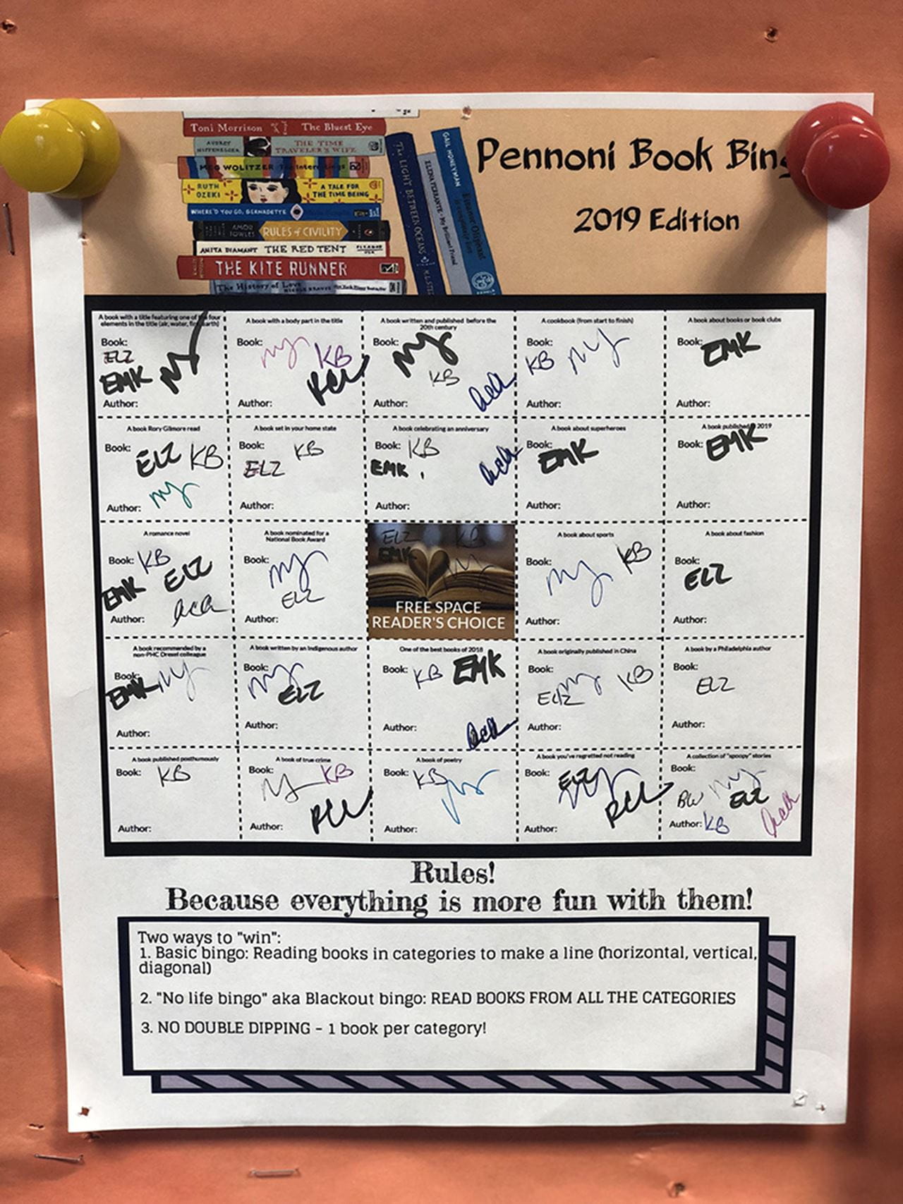 The 2019 Pennoni Book Bingo Board hanging in the Pennoni Honors College. Participants sign the squares that they've completed. 
