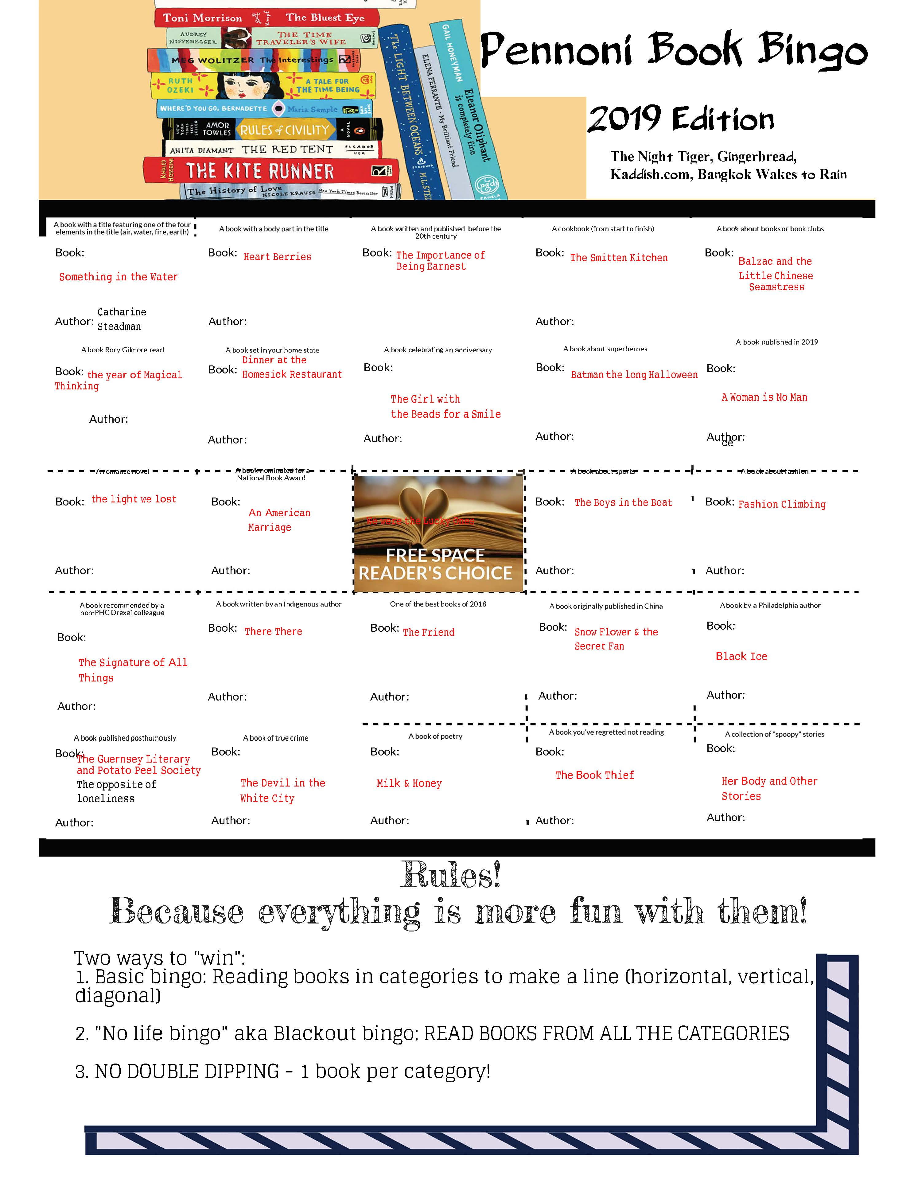 Erica Zellinger's completed 2019 Pennoni Book Bingo board. 