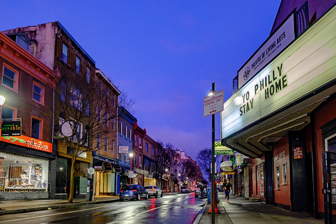 The concert marquee at the Theater of Living Arts on South Street. 