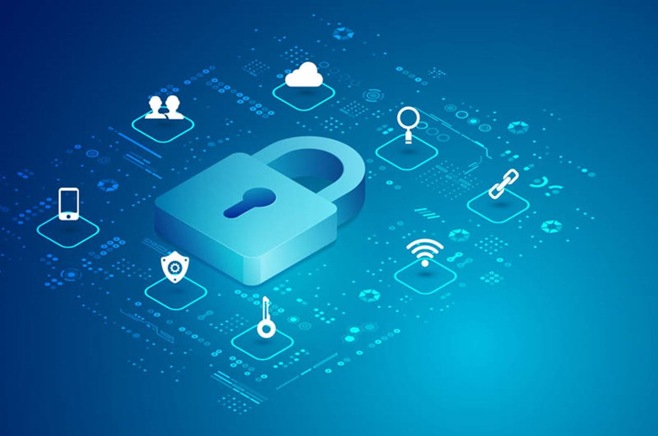 blue rendering of a lock with data surrounding it