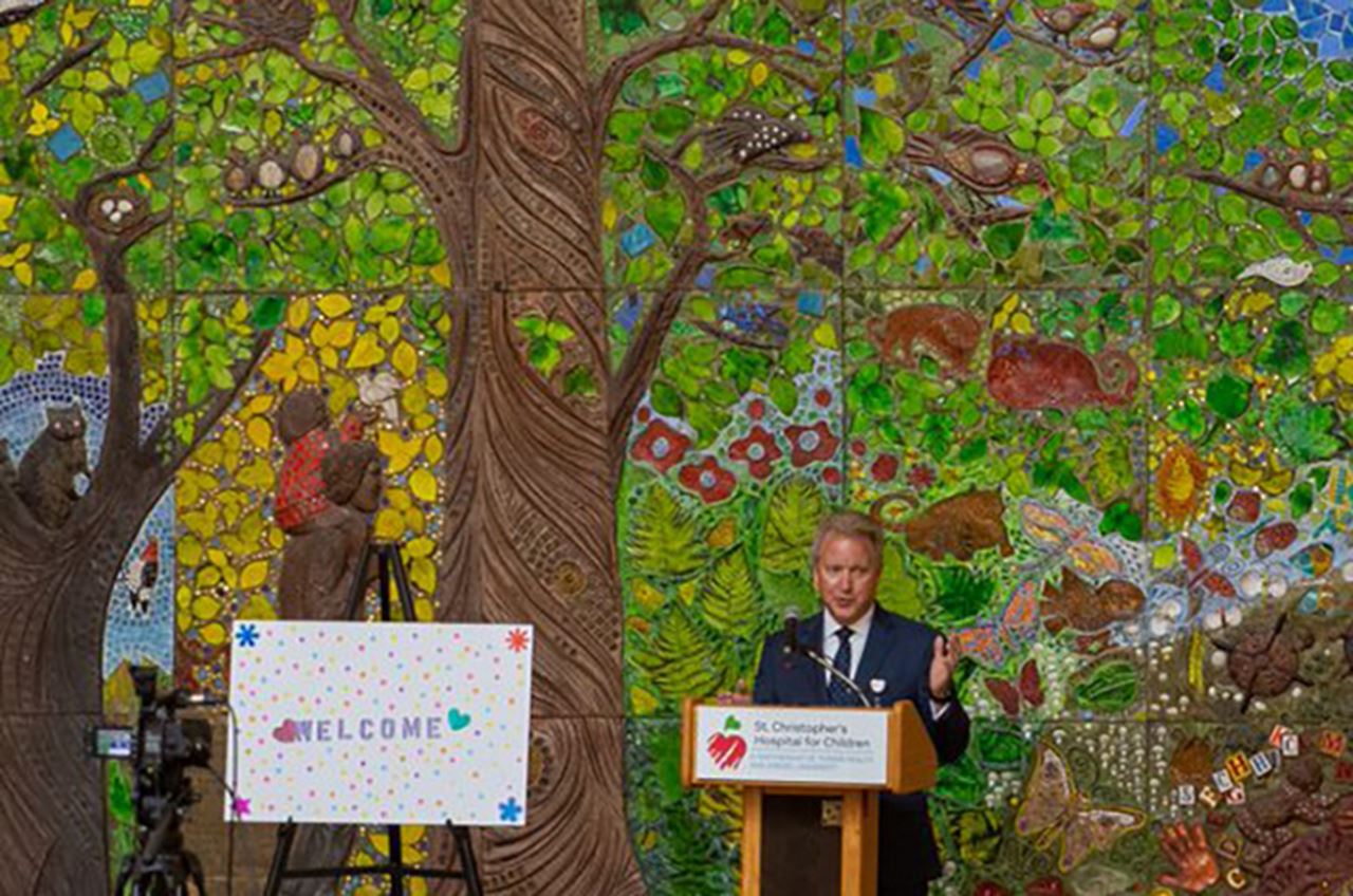 Donald Mueller spoke at a July 28 event at St. Christopher's Hospital. 