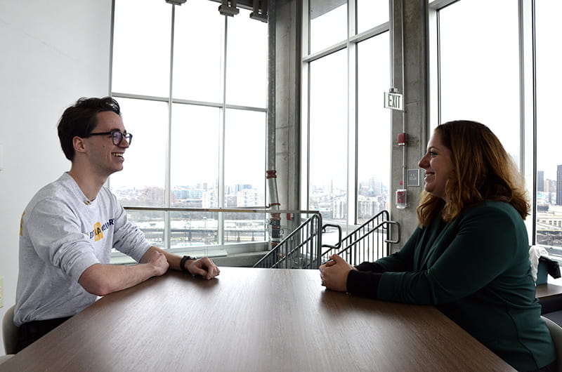 Melissa DePretto Behan, EdD, senior executive director of Student Life at Drexel University, discusses myths about Residence Life with Danny Inglis, a third-year architectural and civil engineering student who is also an RA in Millennium Hall.