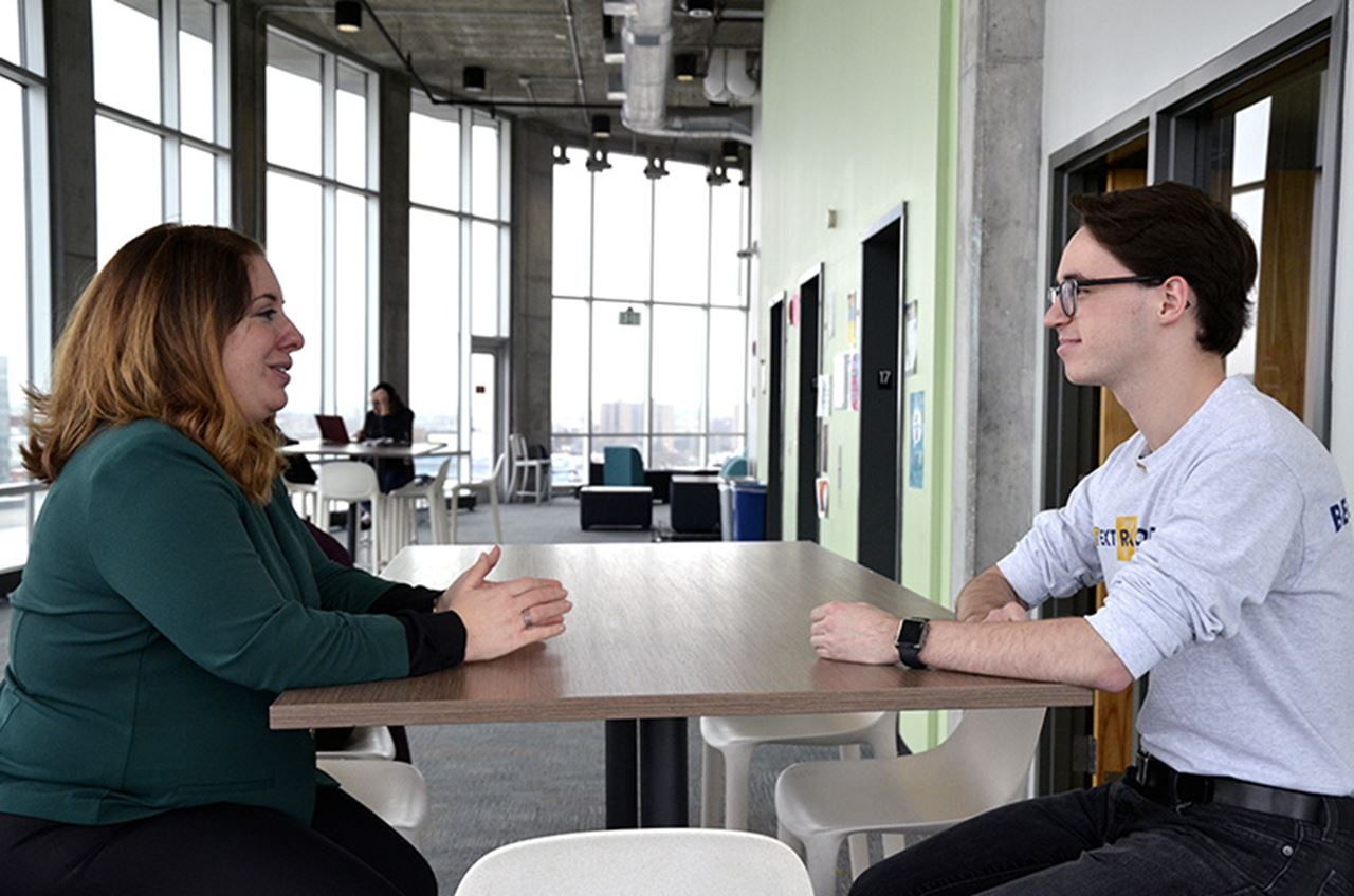 Melissa DePretto Behan, EdD, senior executive director of Student Life at Drexel University, discusses myths about Residence Life with Danny Inglis, a third-year architectural and civil engineering student who is also an RA in Millennium Hall.