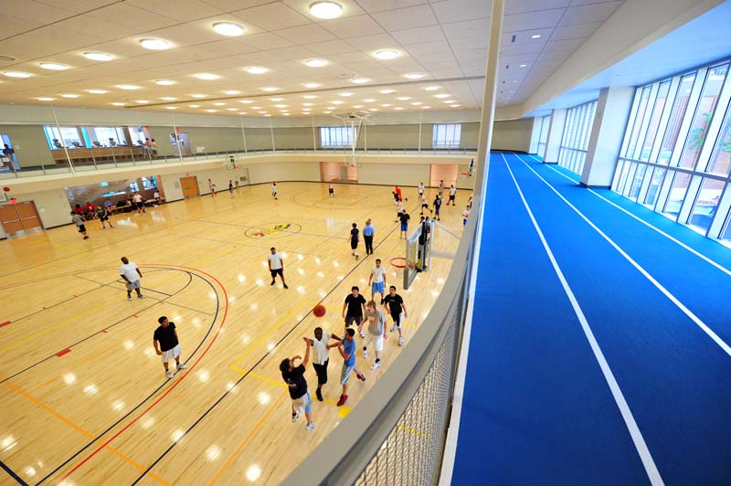 The indoor track overlooking the basketball courts in the Recreation Center. The photo was taken by Sideline Photos in April 2010. 