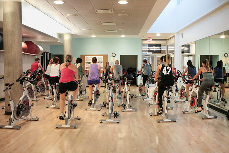 A "Cycle 45" group exercise class held in the Rec Center. The photo was taken in July 2018. 