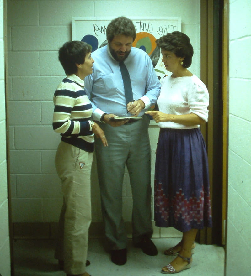From left to right: Dianne Dulicai, PhD, the first director of the Dance/Movement Therapy master’s program; Ronald E. Hays, a colleague and protégé of Levick who received his graduate training certificate in psychiatric art therapy from Hahnemann Medical College in 1972 and returned to his alma mater as chair of the Department of Creative Arts Therapies and director of Art Therapy; and Cynthia Briggs, PhD, the first director of the Music Therapy master’s program. This photo would have been taken between 1980 and 1985. Photo courtesy Sherry Goodill, PhD.