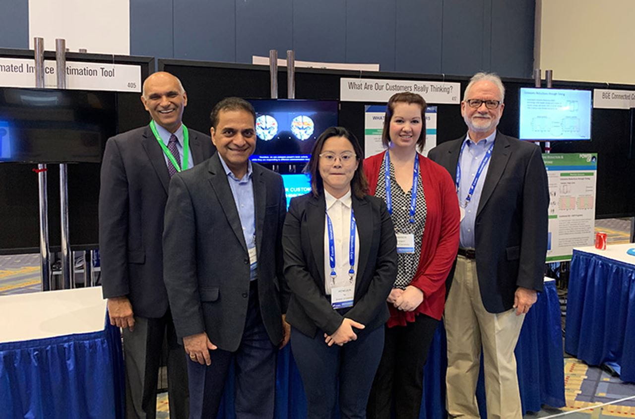 Drexel faculty and PhD candidates from the LeBow College of Business and the School of Biomedical Engineering, Science and Health Systems partnered with PECO on a research project to examine consumer reactions to dynamic pricing models. The research team was invited to present at the company-wide Exelon Innovation Expo in Washington, D.C., this fall. Pictured from left: Raj Suri, PhD, LeBow College of Business’ vice dean for research and strategic partnerships and director of the Center for Neuro-Business; Ramesh Santhanakrishnan, principal business analyst at PECO; Hongjun Ye, PhD candidate in marketing in the LeBow College of Business; Amanda Sargent, PhD candidate in biomedical science in the School of Biomedical Engineering, Science and Health Systems; and James Reiley, manager in customer accounts at PECO. Photo courtesy DSI.