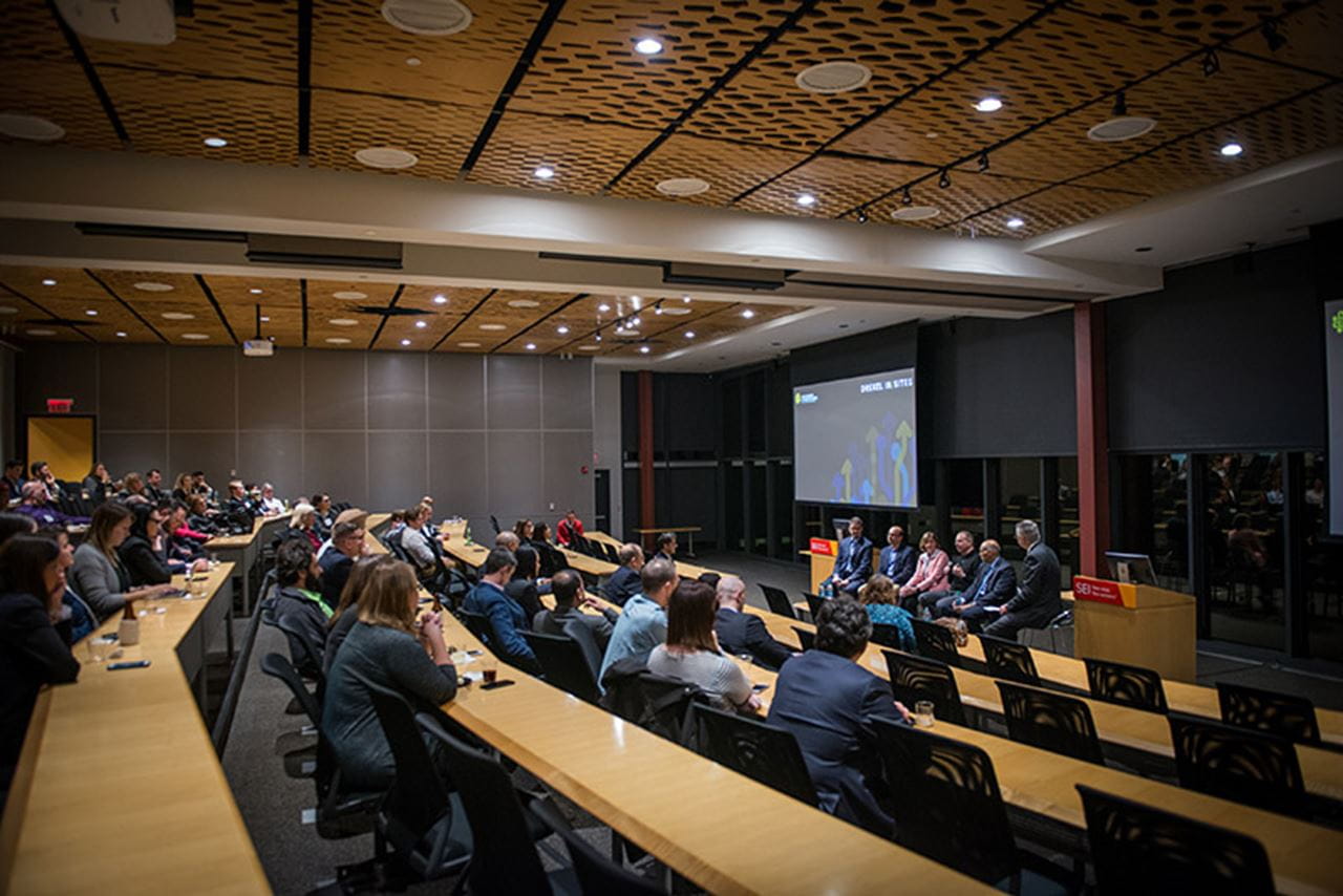 A panel of industry leaders from SEI, Pfizer and Mars Drinks met to discuss Drexel’s research and intellectual capabilities to solve real-world business challenges with School of Biomedical Engineering, Science and Health Systems Associate Professor Hasan Ayaz, PhD; LeBow College of Business Vice Dean for Research Raj Suri, PhD; and Nina Henderson Interim Provost Paul Jensen, PhD. Photo courtesy DSI.