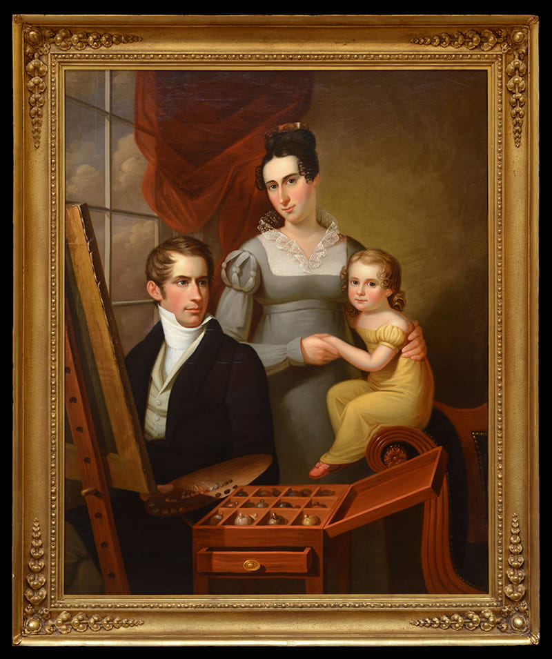 "Self-Portrait with Family" by Francis Martin Drexel. Oil on canvas, 1824. This painting, depicting Francis Martin with his wife and first child, was displayed at the 1825 PAFA exhibition and is now housed at Drexel University. Photo courtesy The Drexel Collection.
