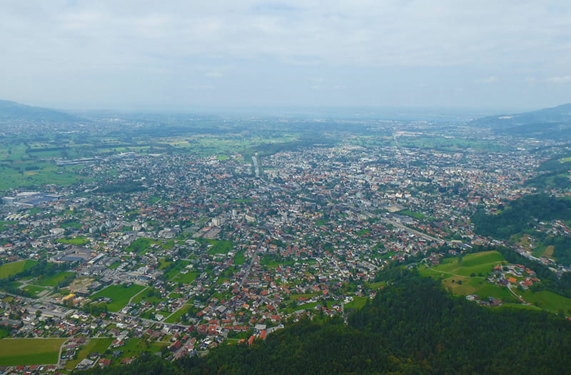 The modern-day view from the Karren mountain in Dornbirn overlooking the city (and Francis Martin Drexel's birth house), with Germany in the forefront and Switzerland (and the Rhine River Francis Martin crossed) to the left.