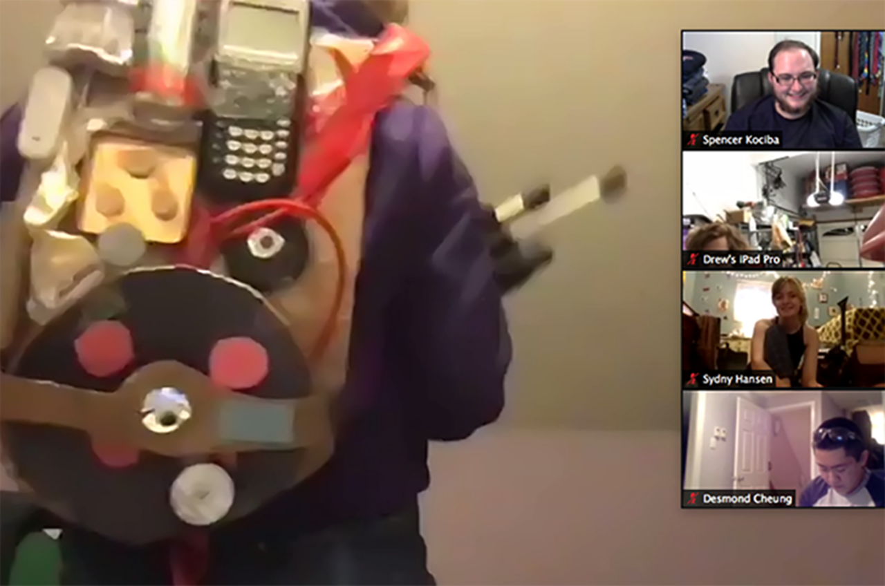 Grace Zaborski, an environmental studies and sustainability major in the College of Arts and Sciences, models the "Ghostbusters" Proton Pack made for the “Theatre Production” course taught by Mandell Theater Technical Director Chris Totora.