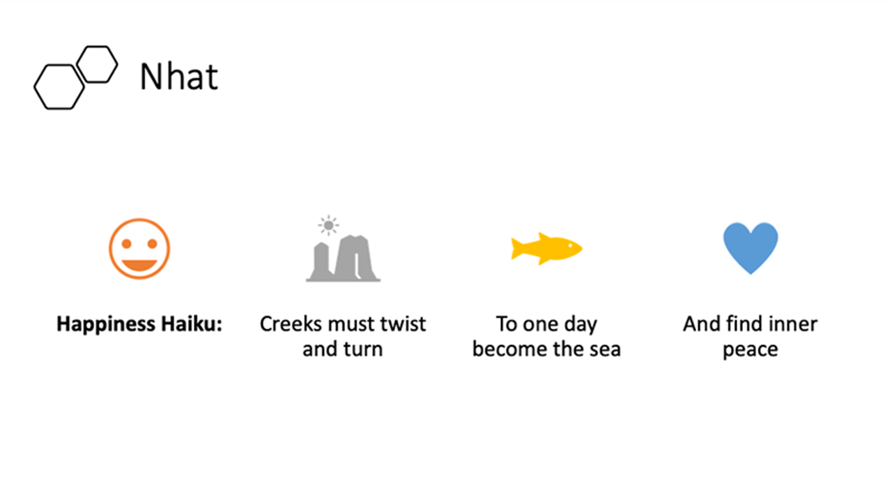 Students in Eric Zillmer's "Happiness" course learned the structure of the haiku, a Japanese form of poetry, and then created one on happiness without using the word "happy." This haiku was created by School of Biomedical Engineering,Science & Health Systems biomedical engineering student Nhat Duong.
