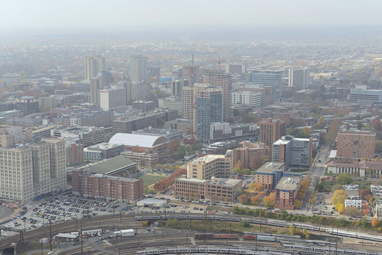 A 2014 aerial shot of Drexel's University City Campus. Photo credit: Kelly & Massa Photography. 