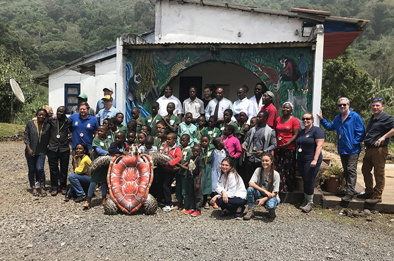 At the Moka Wildlife Station, the Drexel group met with the Bioko program’s staff and local elementary school students for a "Meet the Scientists" event. Photo credit: David Montgomery. 