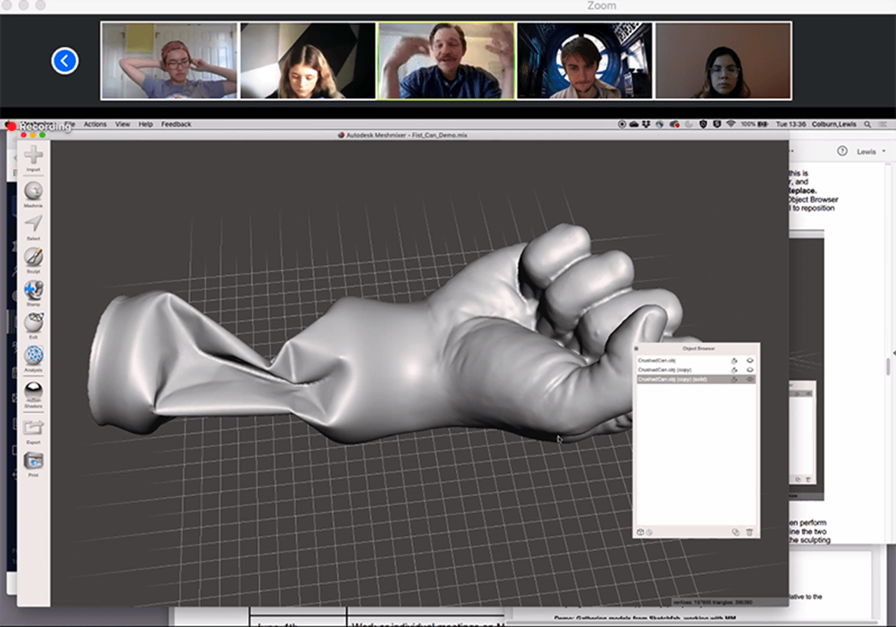 Lewis Colburn, assistant professor in the Department of Art and Art History in the Westphal College of Media Arts & Design, shows students how to use Meshmixer software during virtual Sculpture I class..
