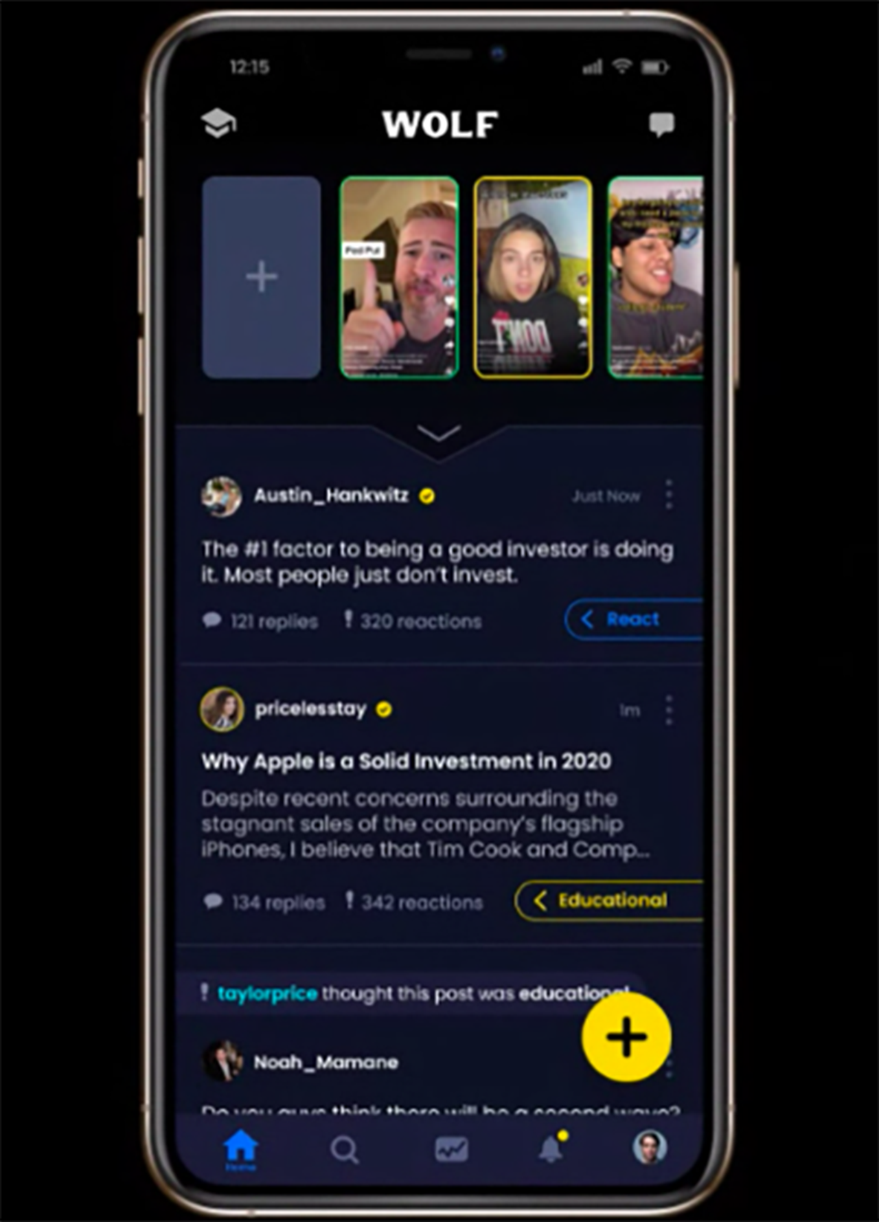 The WOLF app offers users a unique social research experience, complete with easy to understand investment analyses, and premium financial content from friends and verified financial content creators. 