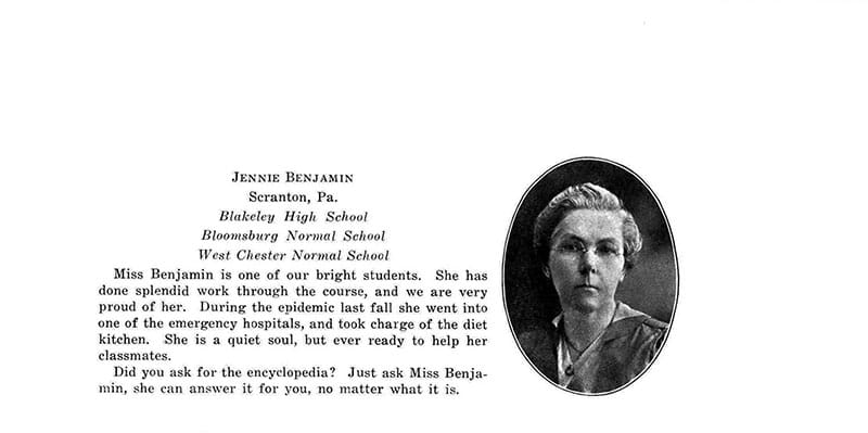 The yearbook entry for 1919 graduate Jennie Benjamin, as it appeared in the 1919 yearbook. Photo courtesy Drexel University Archives.